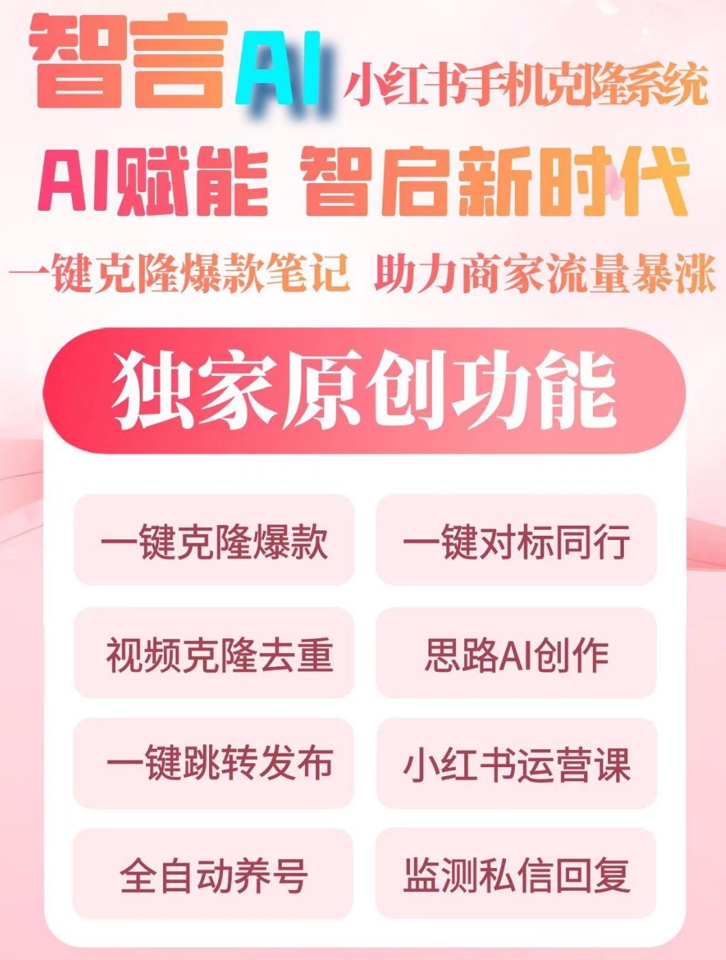 智言AI-小鸡AI克隆同款功能-苹果安卓电脑通,一键克隆跳转发布，批量去重